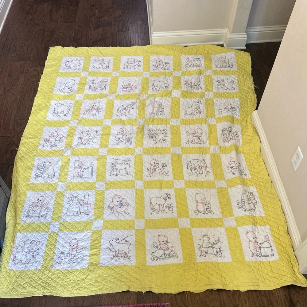 Vintage Handmade quilt Baby Blanket Embroidered Animals Yellow 64x78